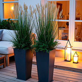 Stilrene høje plantekasser på terrasse i moderne hjem.